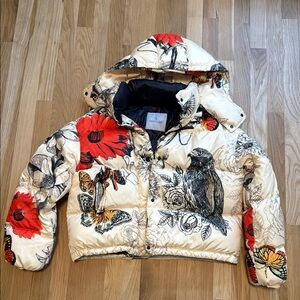 Floral and Bird Print Puffer Jacket